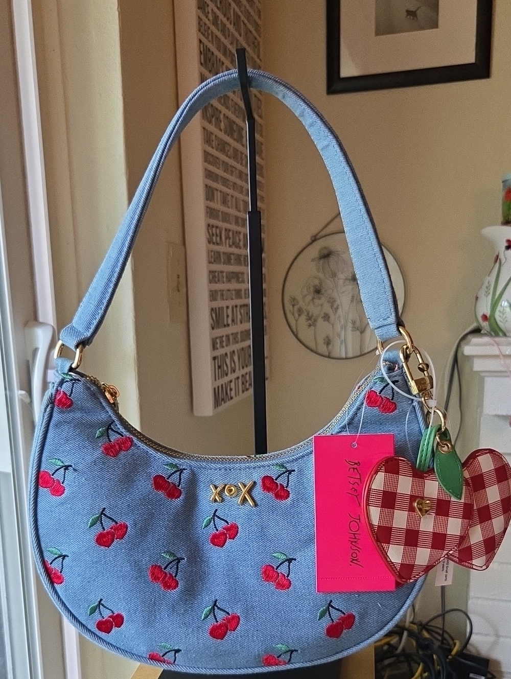 Betsey Johnson Denim Cherries Shoulder Bag with Charm NWT